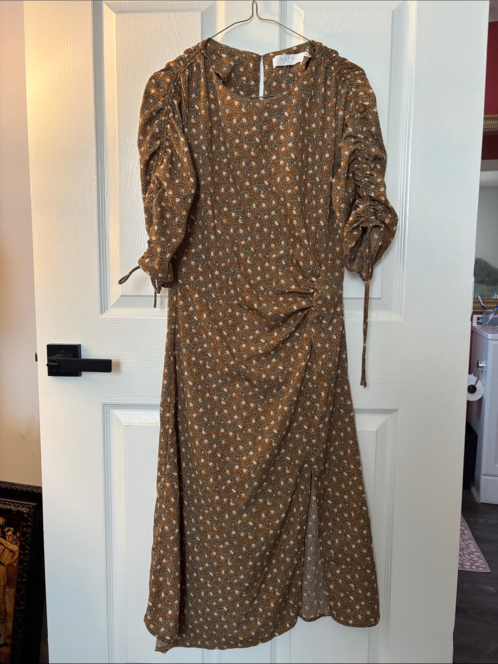 Astr the label brown floral ruched waist dress
